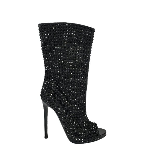 Philipp Plein Shoes - Philipp Plein Studded Spiked Peep Toe Mid Calf Stiletto Boots